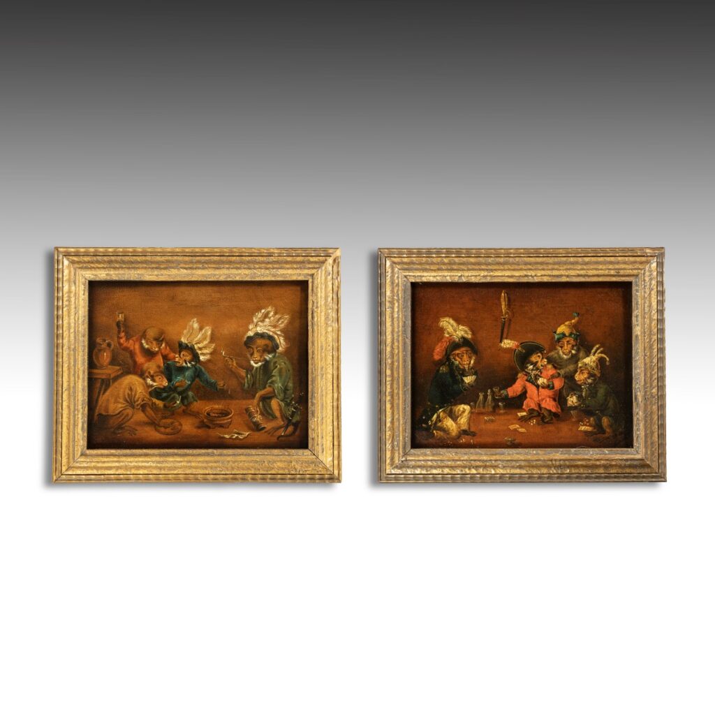 Pair 18th century painting of gambling monkeys